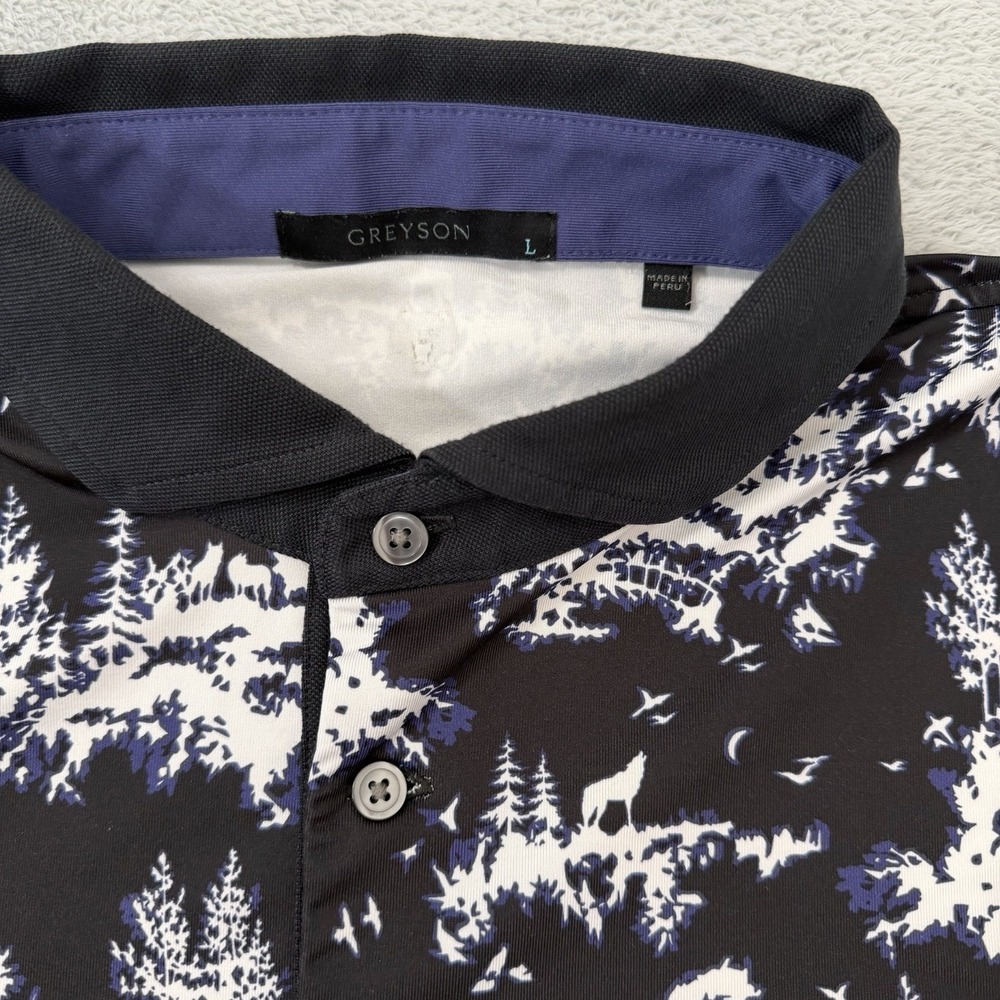 Greyson Polo Shirt Mens Large Wolf Wilderness Print Performance Stretch Golf - Picture 5 of 8
